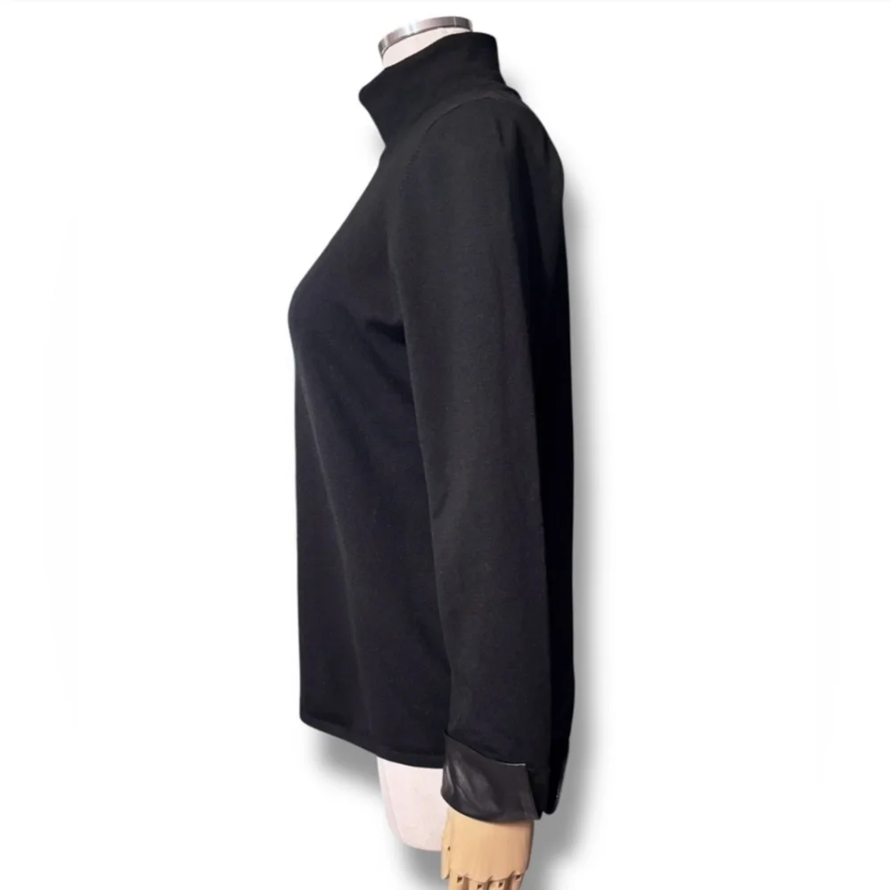 BELFORD Black Merino Wool Turtleneck Sweater Black Leather French Cuffs VINTAGE